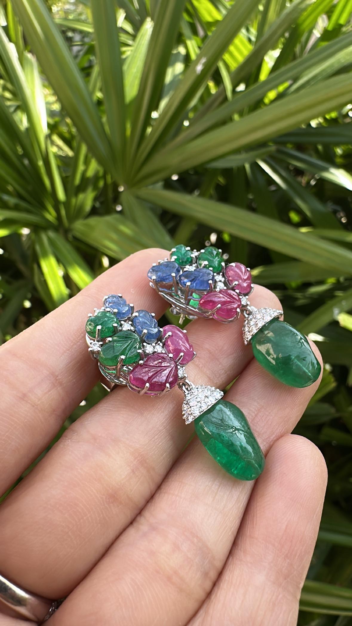 13.04 carats, Emerald Tumbles, carved Emeralds, Rubies, Blue Sapphires Earrings 5