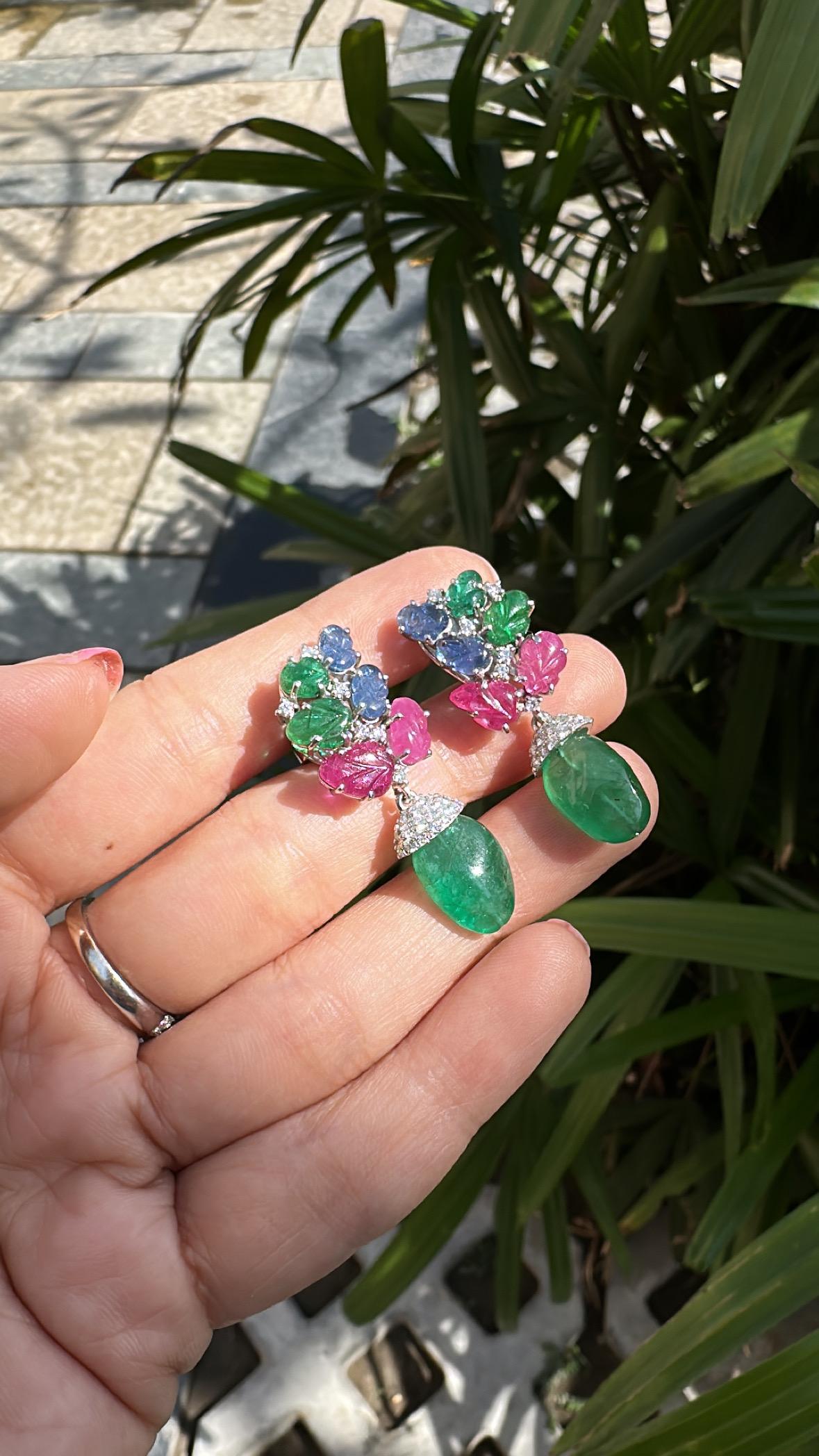 13.04 carats, Emerald Tumbles, carved Emeralds, Rubies, Blue Sapphires Earrings 6