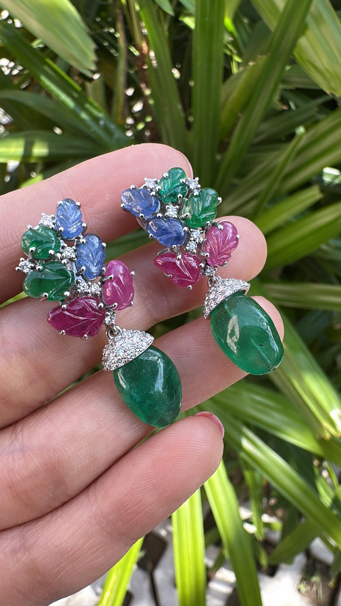 13.04 carats, Emerald Tumbles, carved Emeralds, Rubies, Blue Sapphires Earrings 7