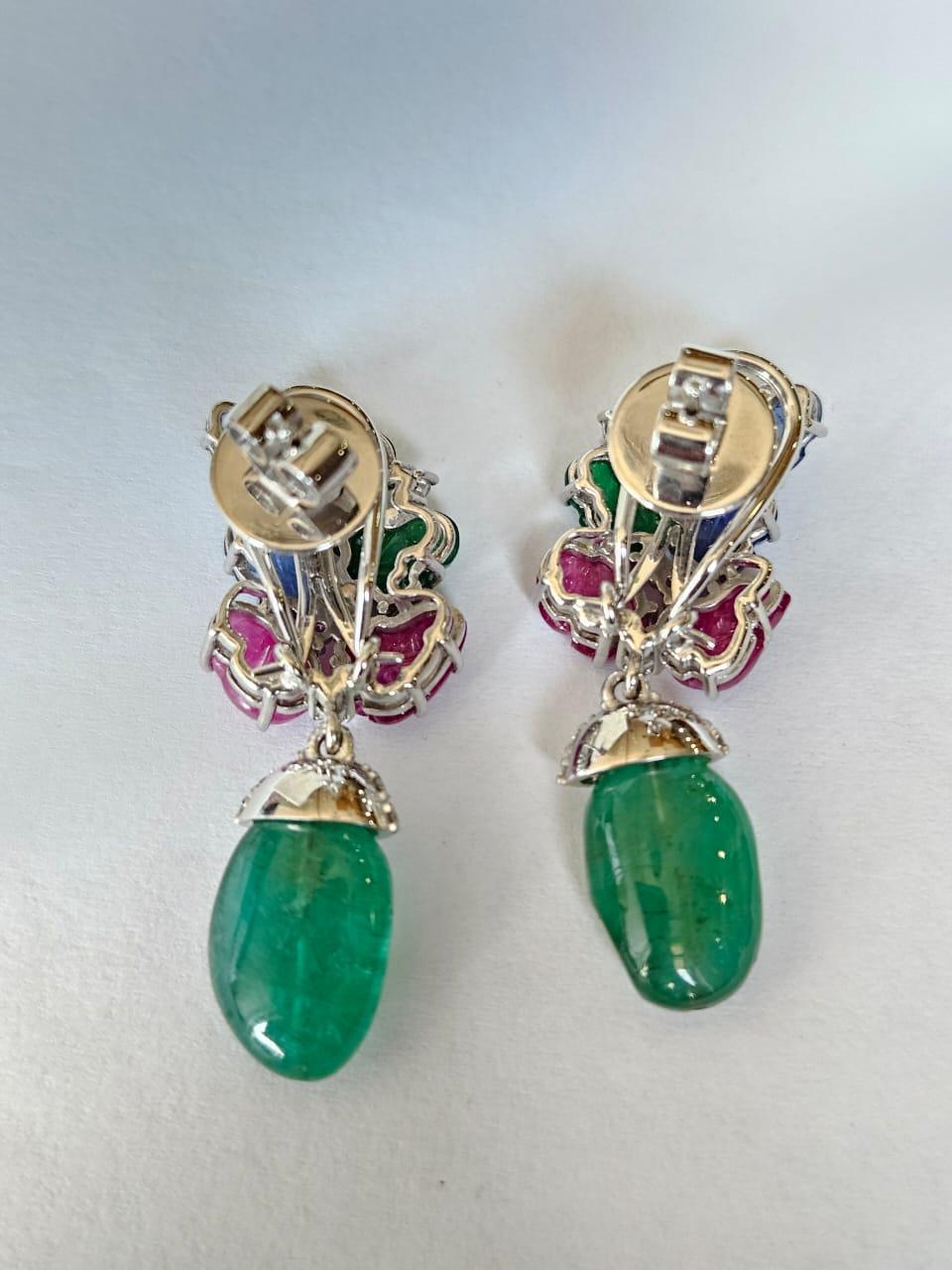 Modern 13.04 carats, Emerald Tumbles, carved Emeralds, Rubies, Blue Sapphires Earrings