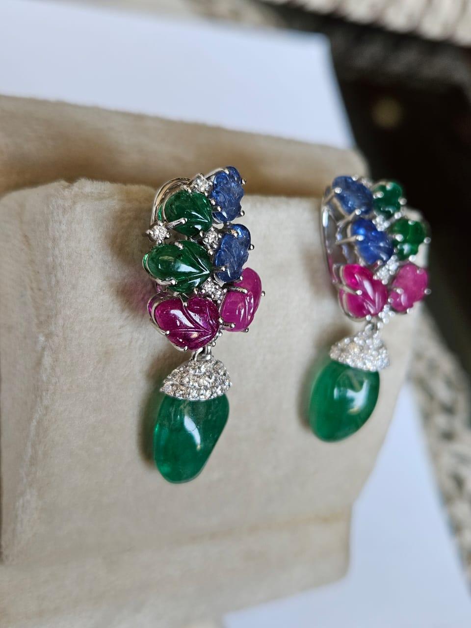 Tumbled 13.04 carats, Emerald Tumbles, carved Emeralds, Rubies, Blue Sapphires Earrings
