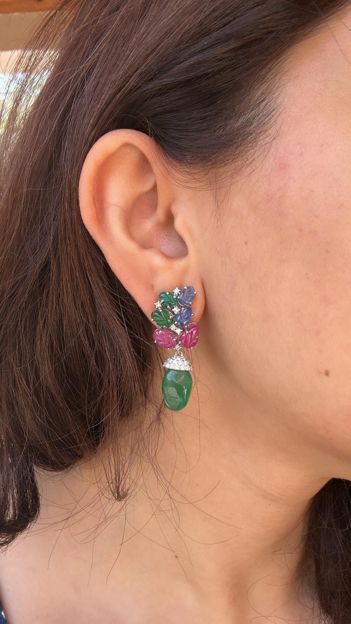 13.04 carats, Emerald Tumbles, carved Emeralds, Rubies, Blue Sapphires Earrings 1