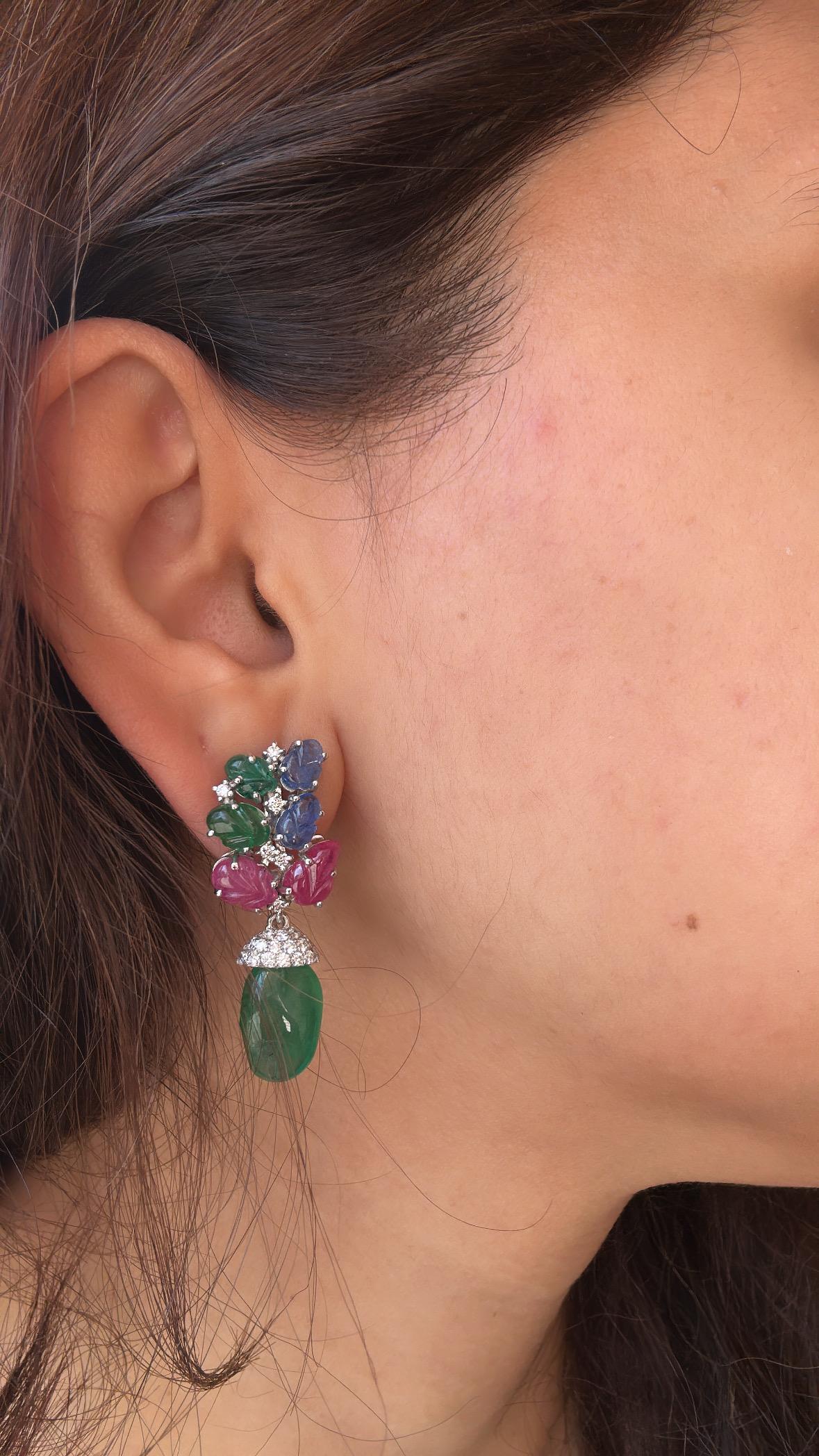 13.04 carats, Emerald Tumbles, carved Emeralds, Rubies, Blue Sapphires Earrings 2