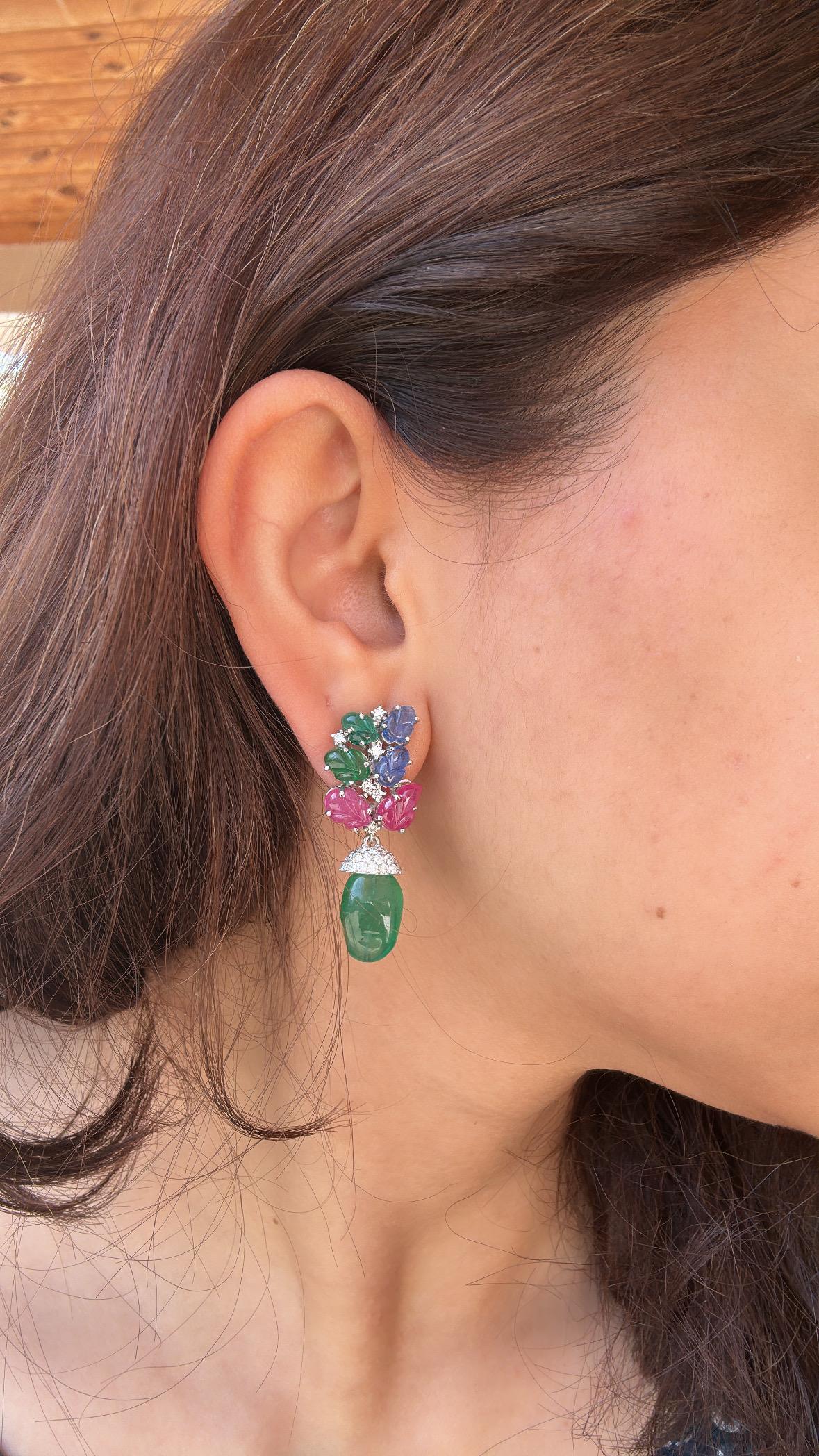 13.04 carats, Emerald Tumbles, carved Emeralds, Rubies, Blue Sapphires Earrings 3