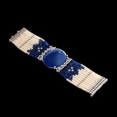 130.45 Carat Chalcedony 7.54 Carat Diamonds Sapphires Pearls White Gold Bracelet