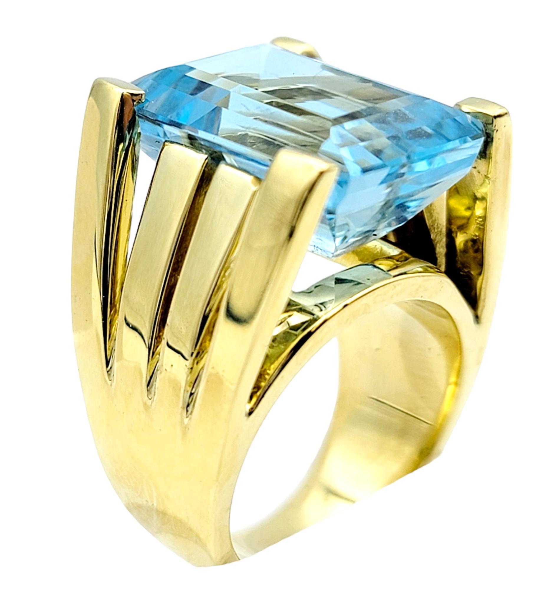 13.05 Carat Emerald Cut Aquamarine Chunky 18 Karat Yellow Gold Cocktail Ring In Good Condition For Sale In Scottsdale, AZ