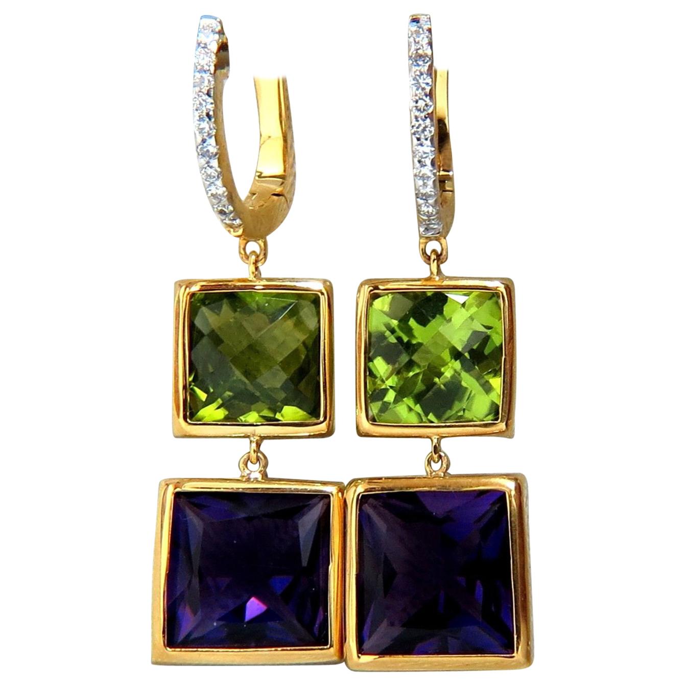13.05 Carat Natural Amethyst Peridot Diamond Dangle Earrings 14 Karat For Sale