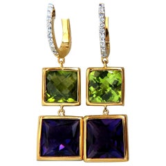 13.05 Carat Natural Amethyst Peridot Diamond Dangle Earrings 14 Karat*