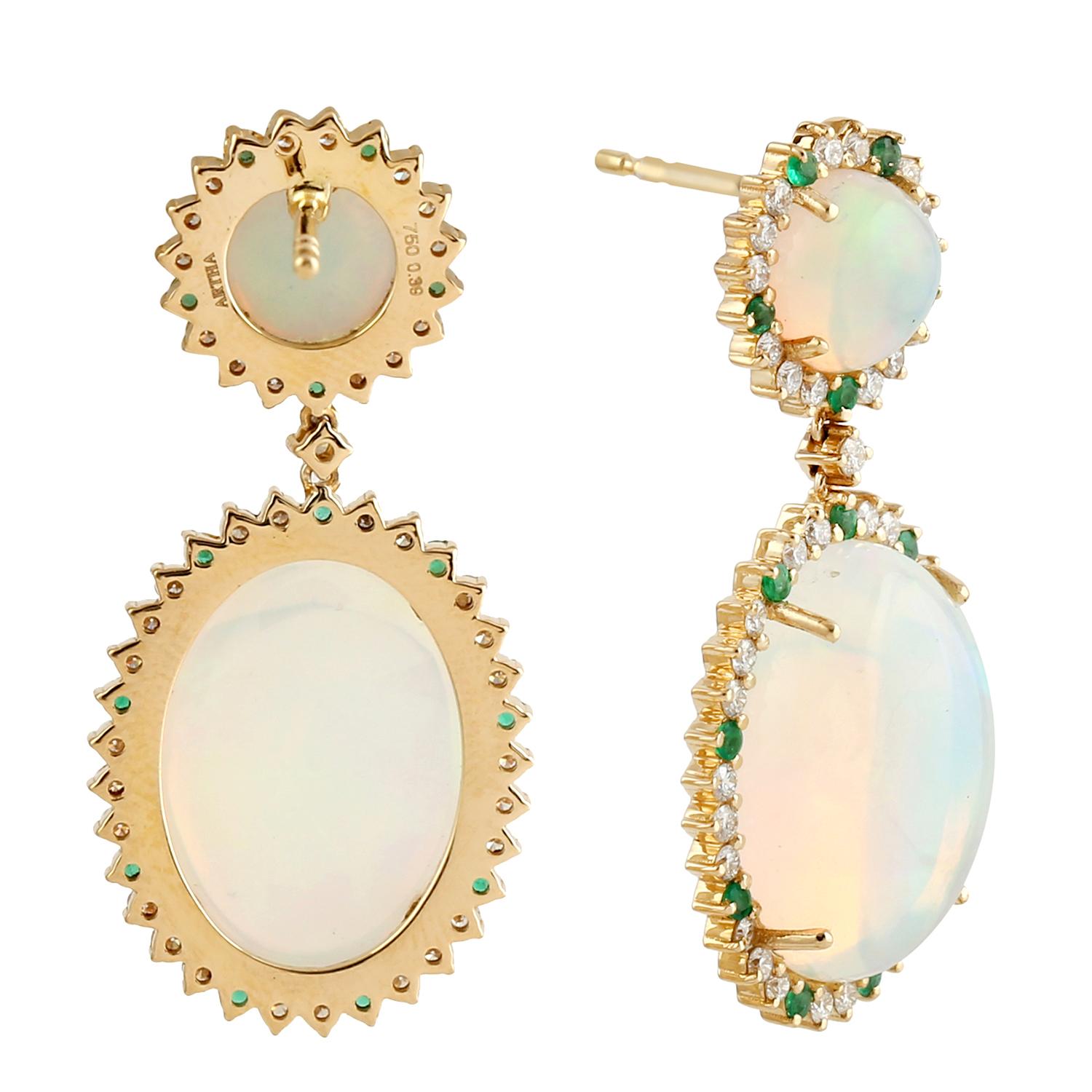 Mixed Cut 13.05 Carat Opal Emerald Diamond 14 Karat Gold Earrings For Sale