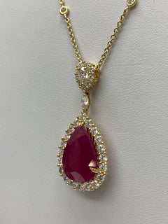 13.05 Carat Pear shape Ruby Diamond Drop Necklace in 18K Yellow Gold