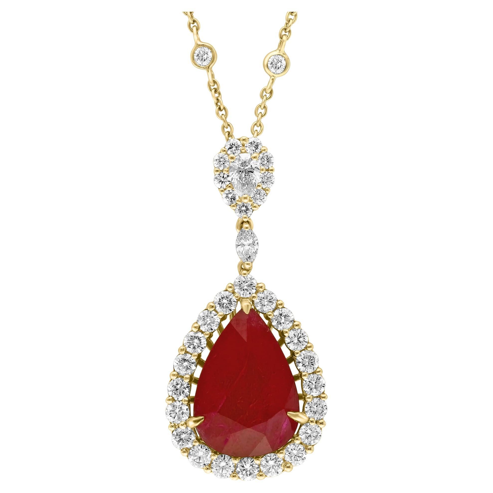 Collier poire 13.05 carats Rubis Diamant en or jaune 18K