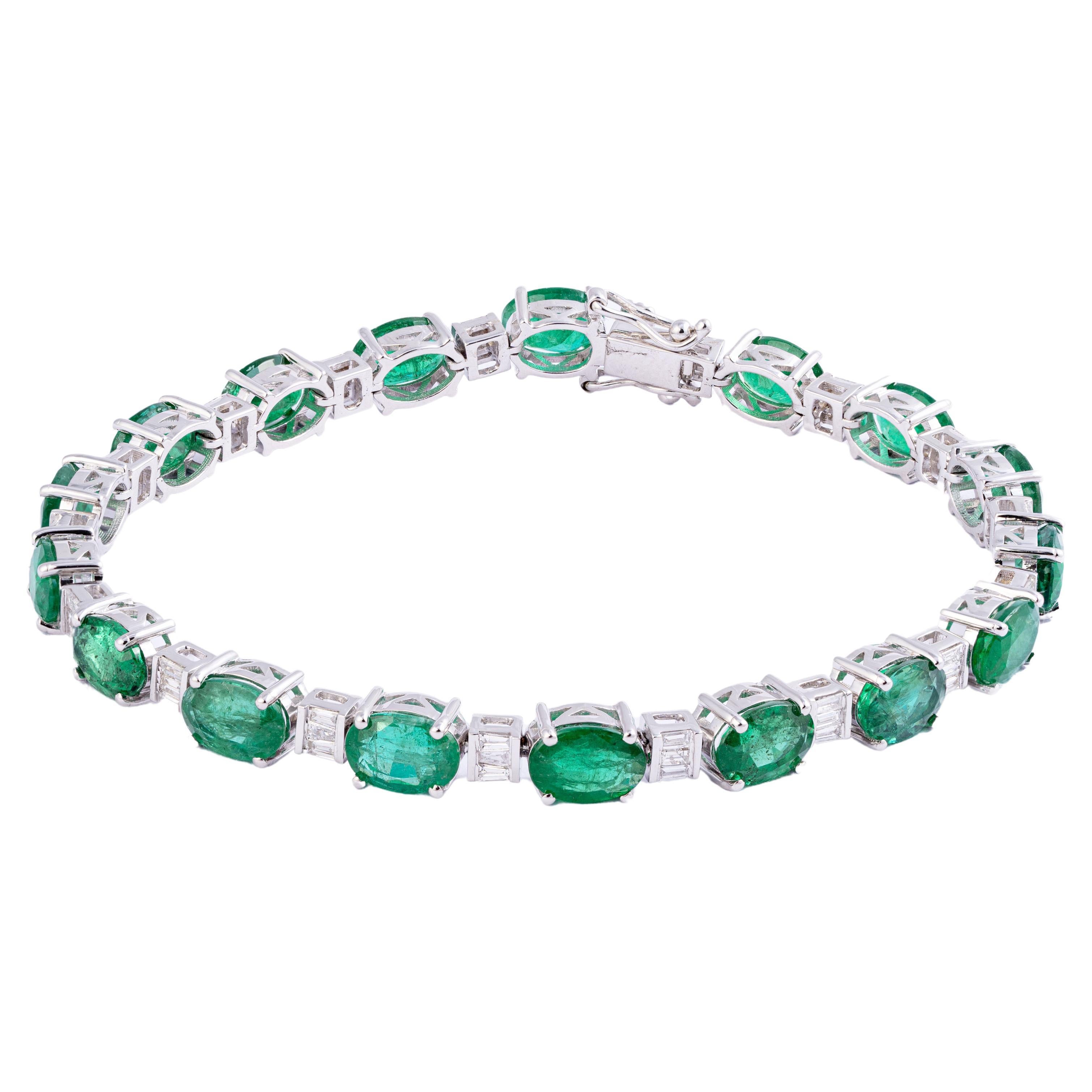 13.06 Carats Natural Zambian Emerald Tennis Bracelet with Diamonds and 14k Gold For Sale