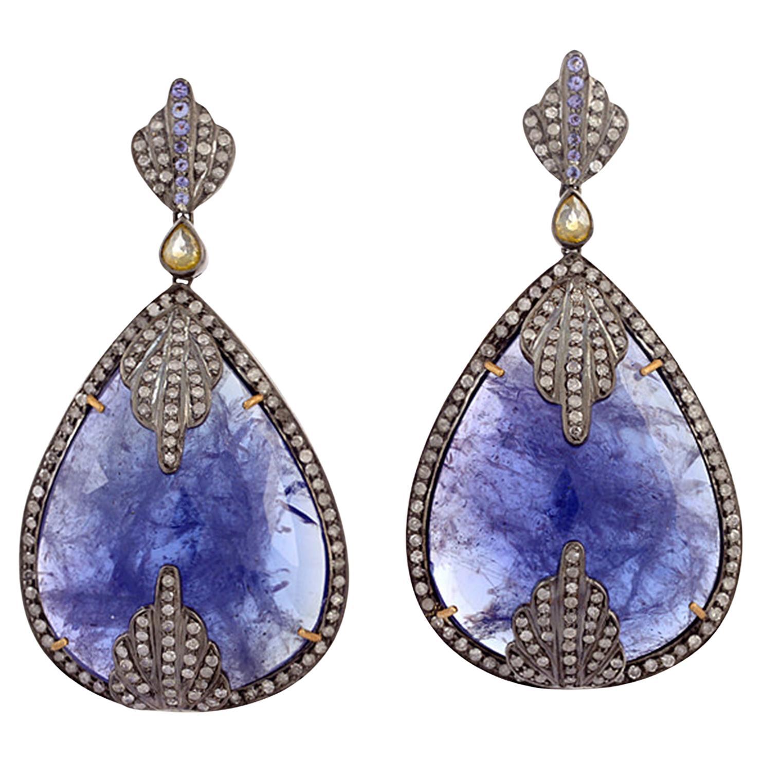 130.73ct Pear Shaped Tanzanite Dangle Earrings With Diamonds In 18k Yellow Gold For Sale