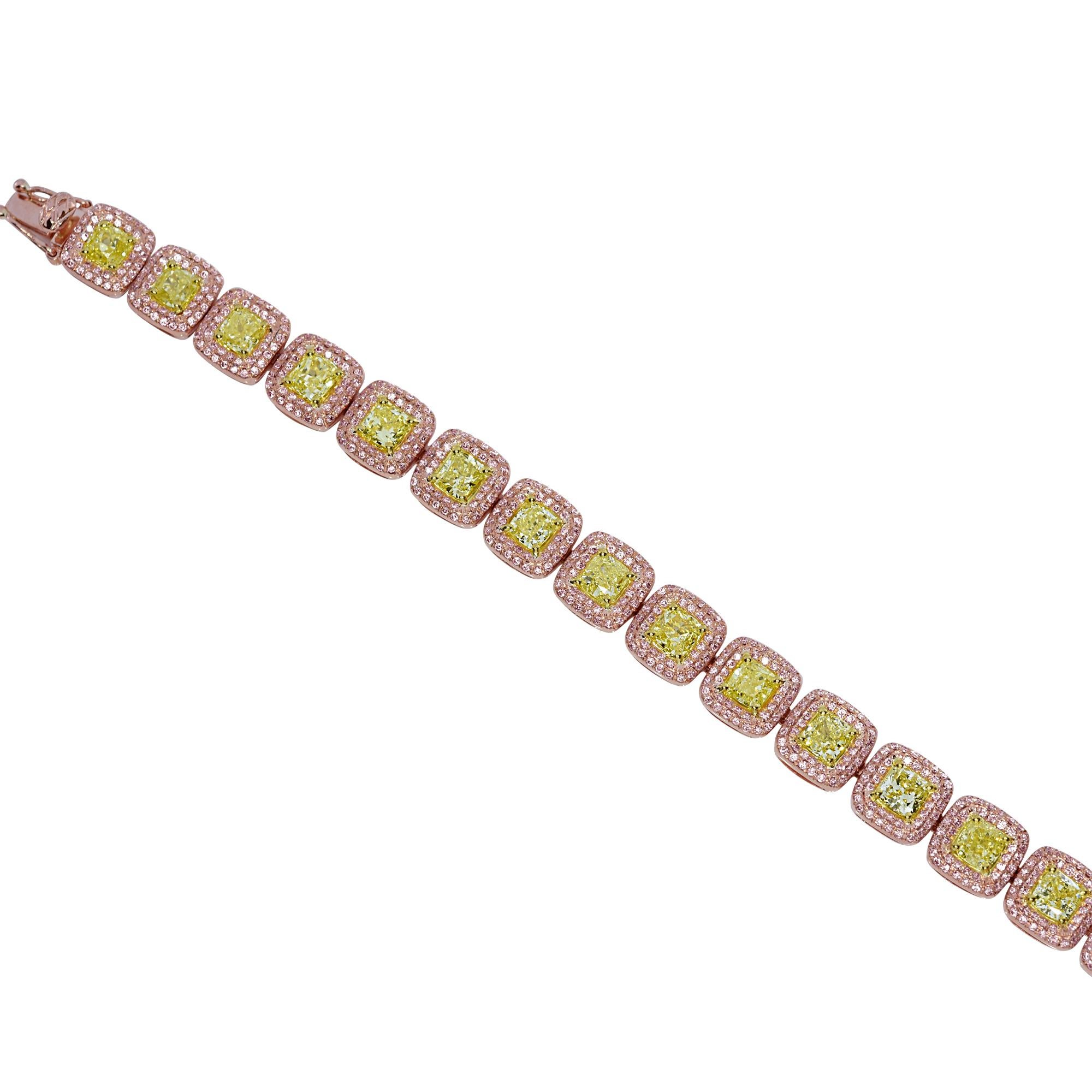 Mixed Cut 13.08 Carats Yellow Diamond Rose Gold Bracelet For Sale