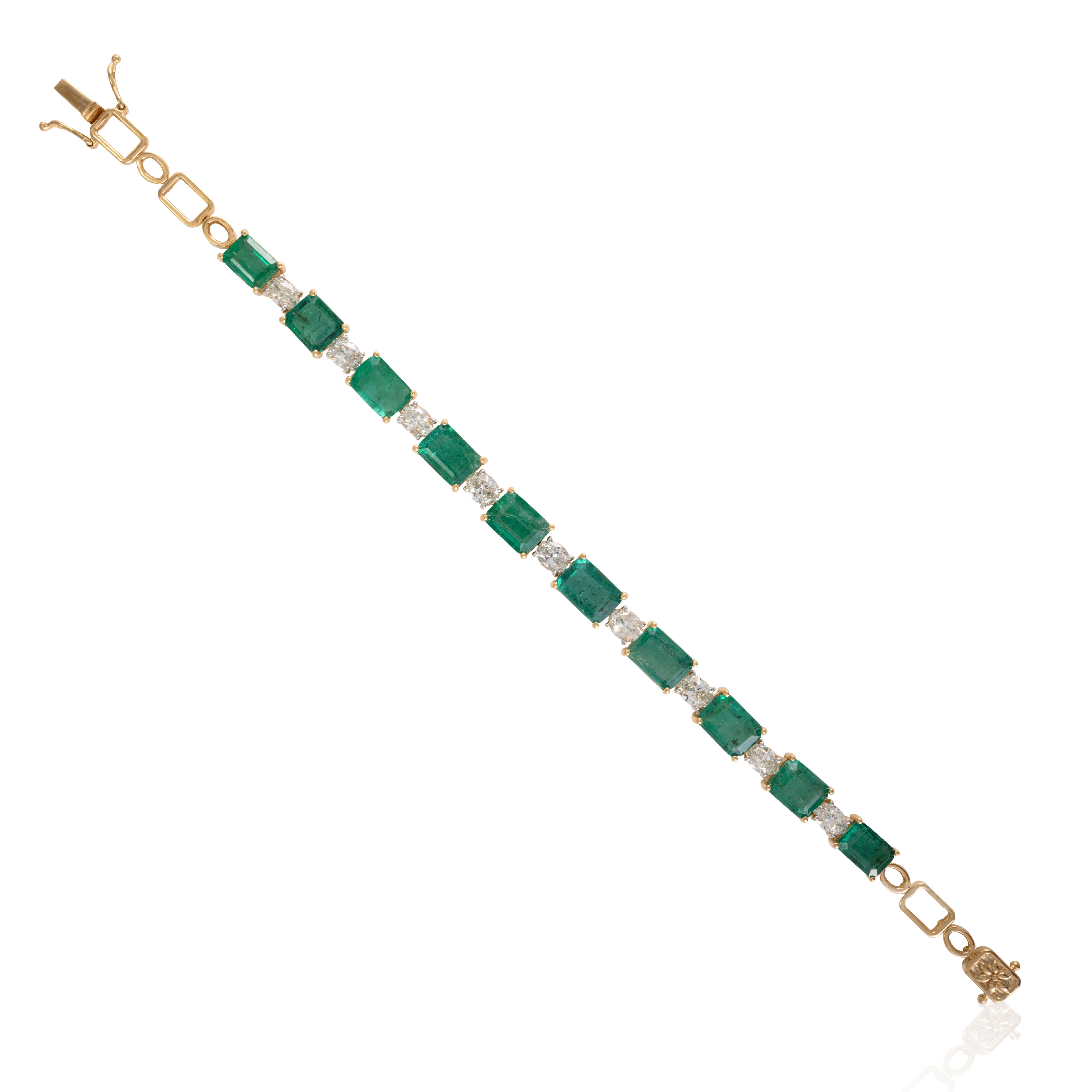 Art Deco 13.08 CTW Octagon Emerald 2.54 CTW Diamond Tennis Bracelet 18k Solid Yellow Gold For Sale