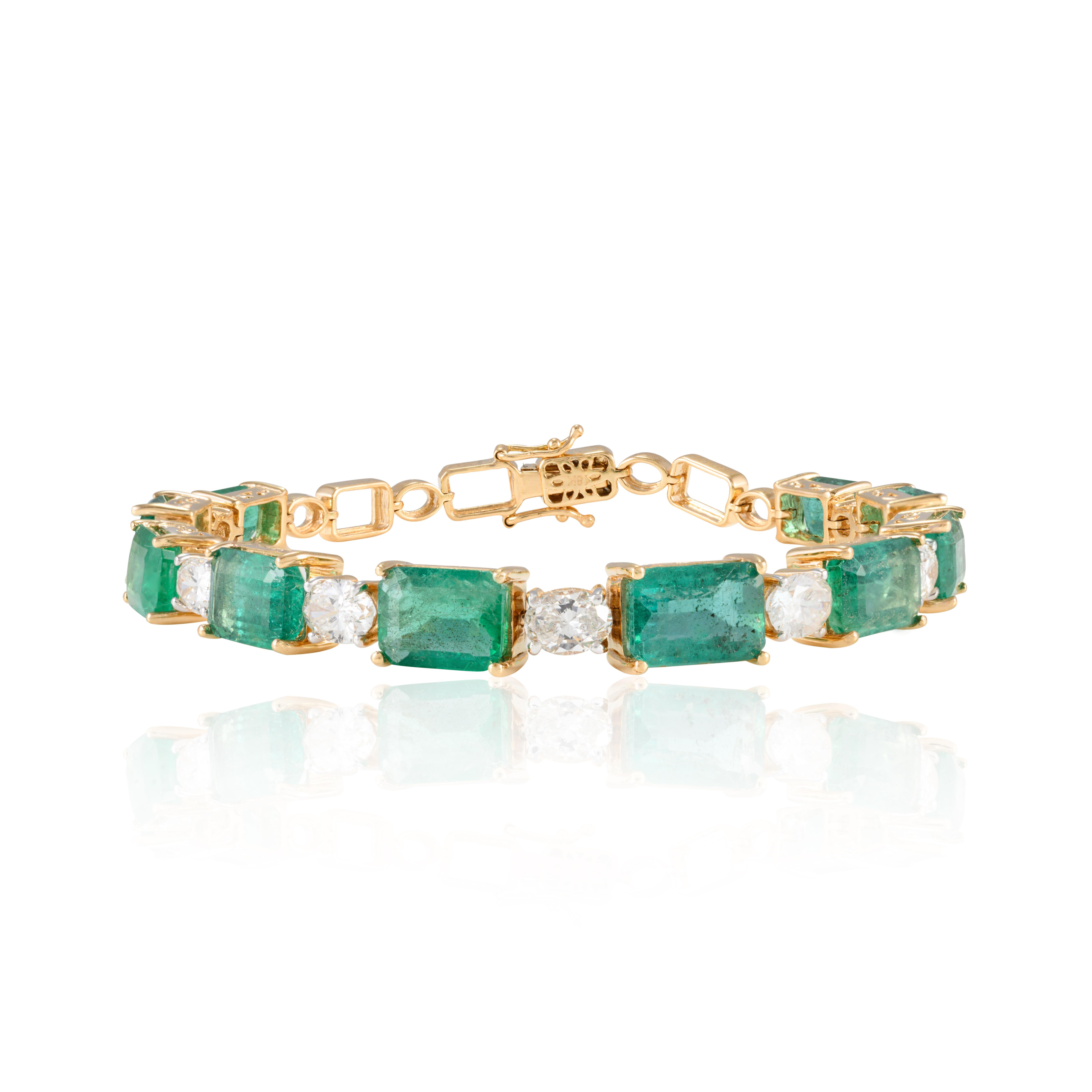 13.08 CTW Octagon Emerald 2.54 CTW Diamond Tennis Bracelet 18k Solid Yellow Gold In New Condition For Sale In Houston, TX