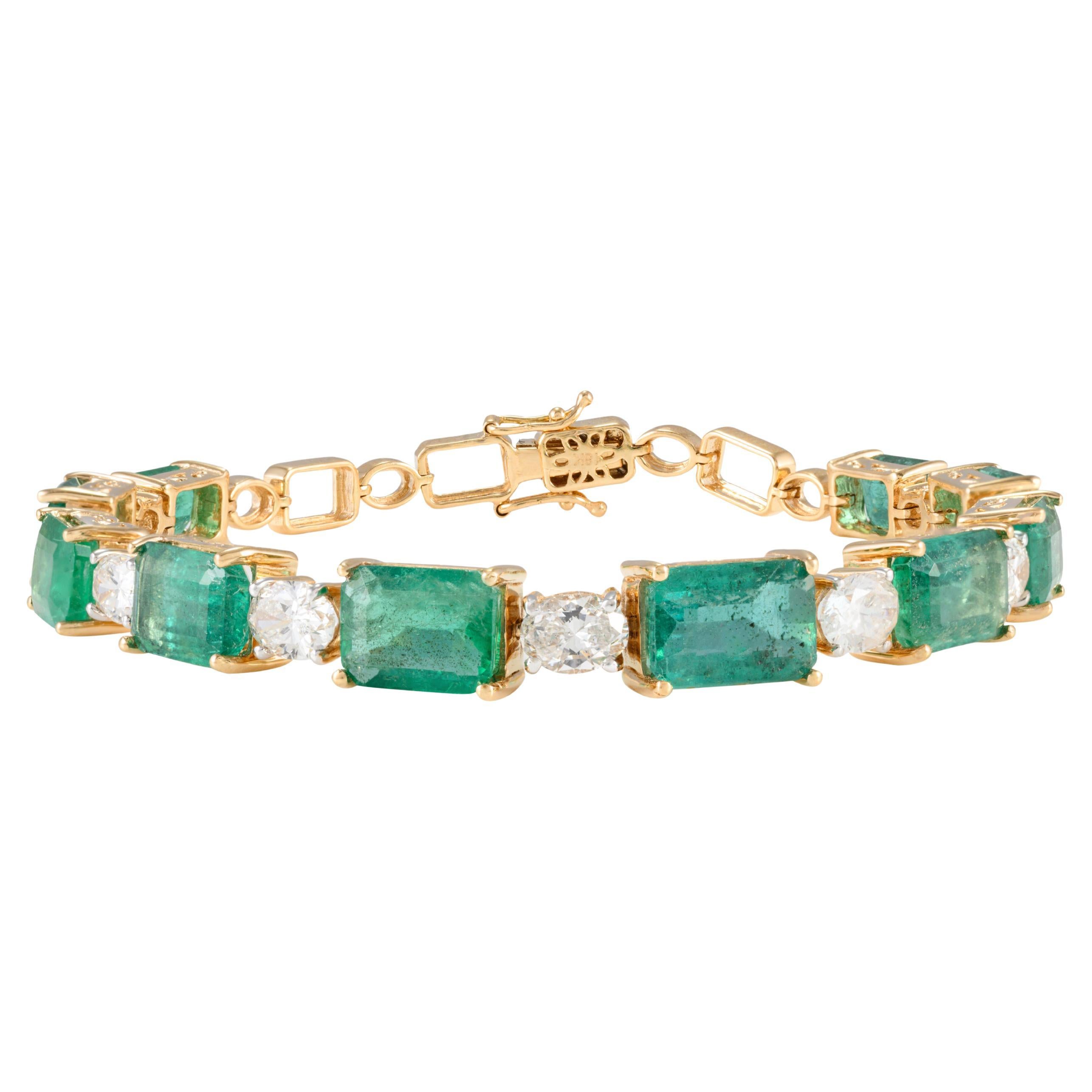 13.08 CTW Octagon Emerald 2.54 CTW Diamond Tennis Bracelet 18k Solid Yellow Gold For Sale