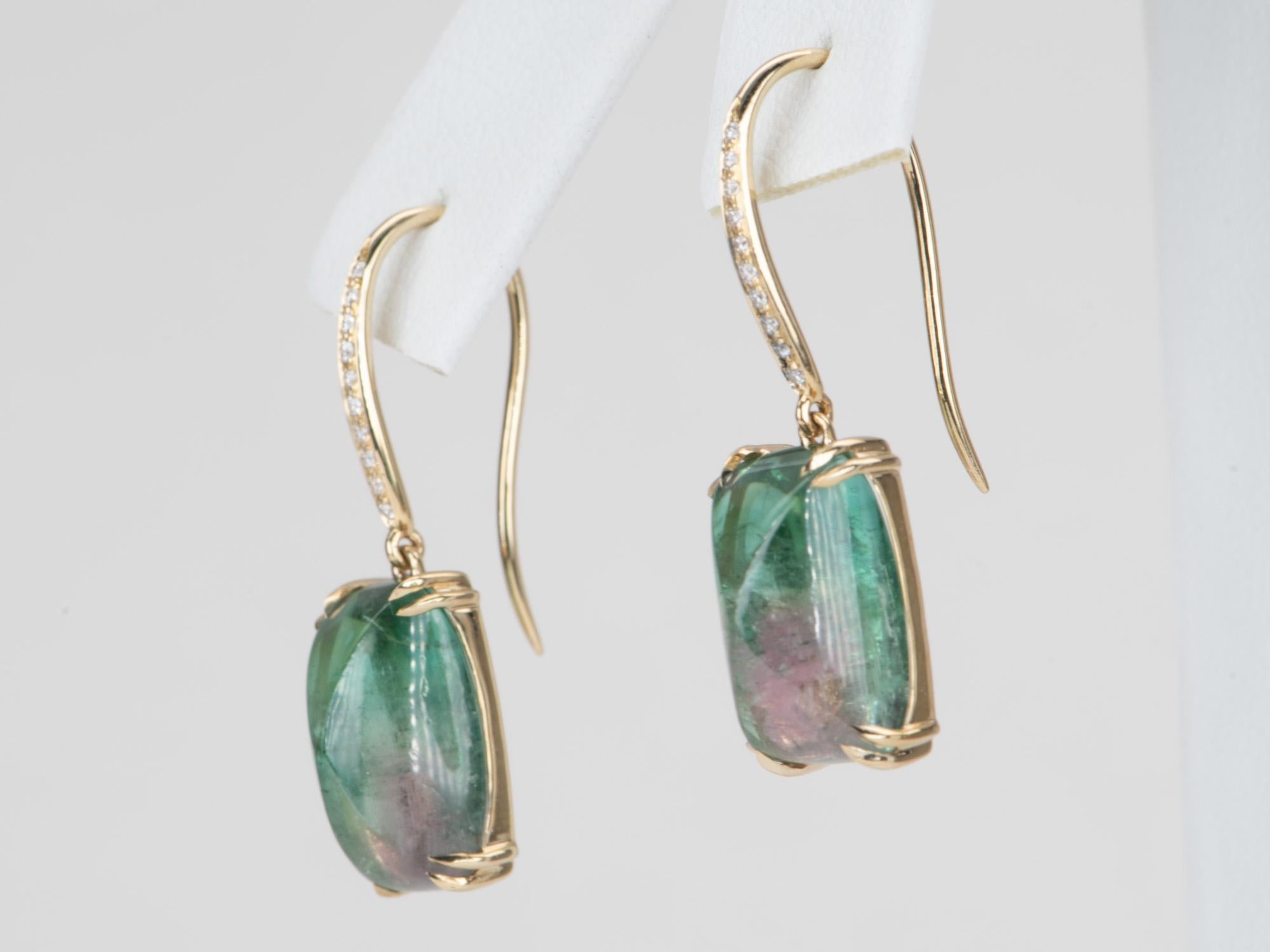 13.08ct Bi-Color Tourmaline Sugarloaf Dangle Earrings 14K Gold R3129 In New Condition For Sale In Osprey, FL