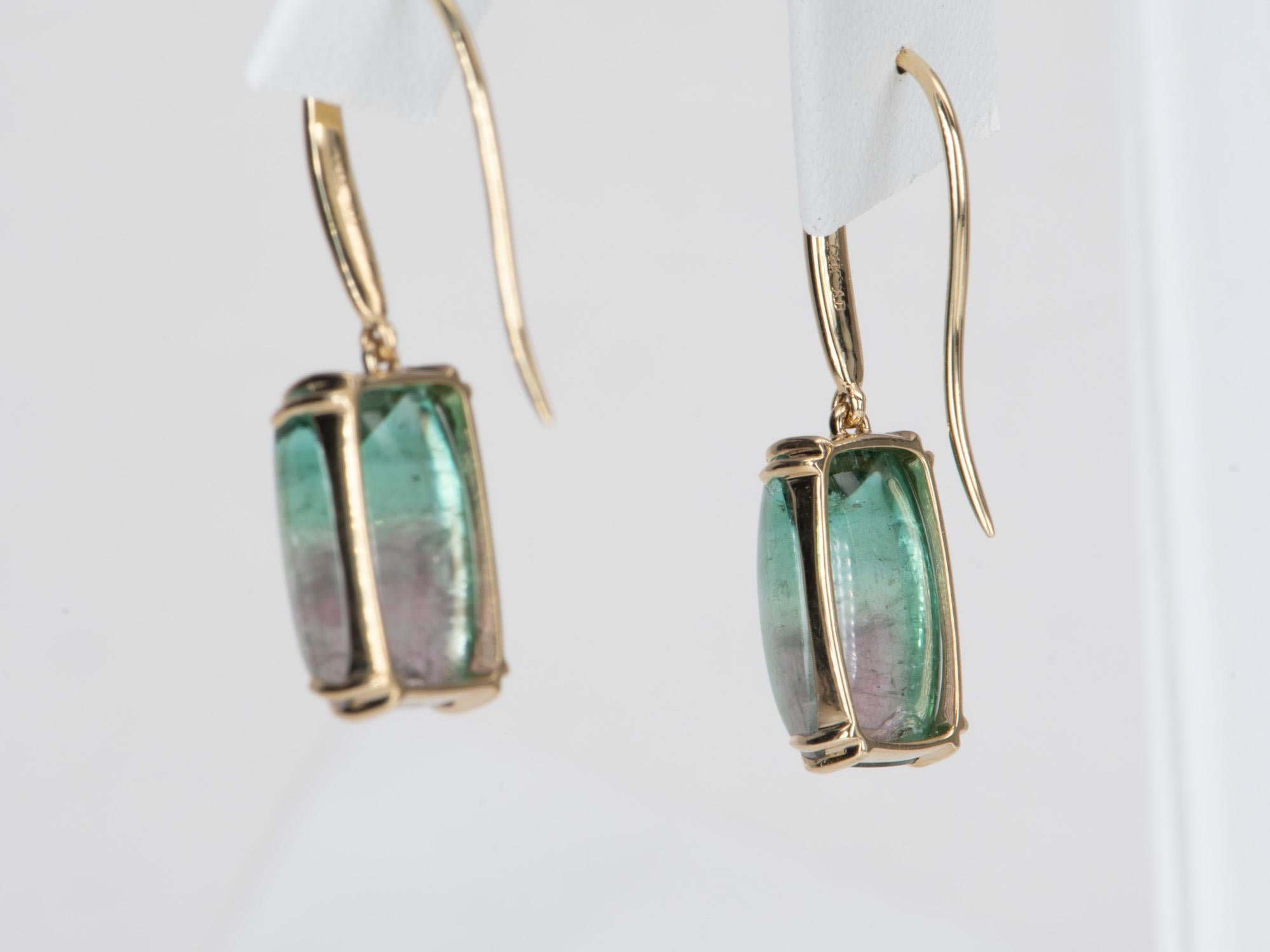 Women's or Men's 13.08ct Bi-Color Tourmaline Sugarloaf Dangle Earrings 14K Gold R3129 For Sale