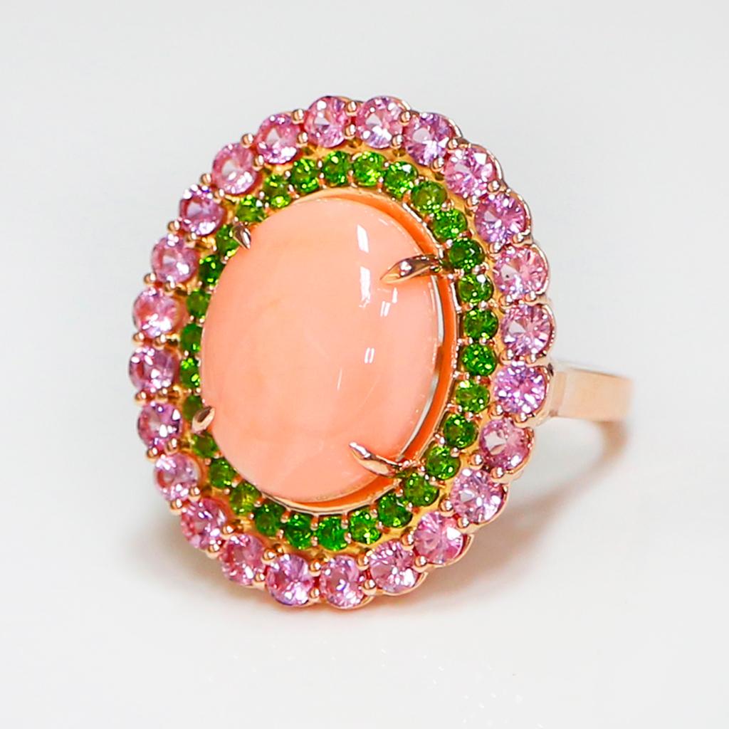 Cabochon 13.09ctw Natural Taiwan Coral & Sapphire Antique Art Deco Style Engagement Ring