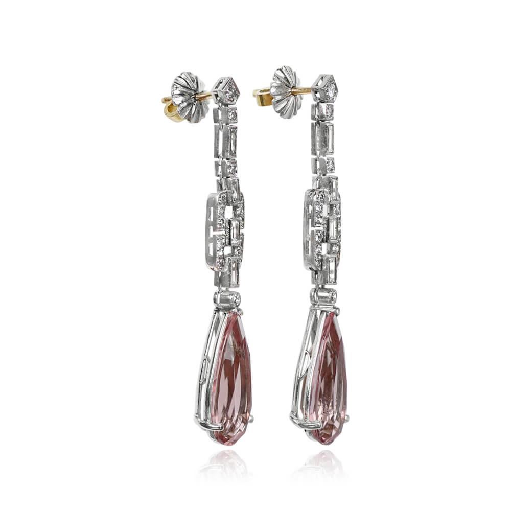 Art Deco 13.09ct Pear Shape Cut Natural Pink Morganite Earrings, Platinum For Sale