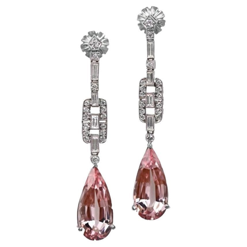 13.09ct Pear Shape Cut Natural Pink Morganite Earrings, Platinum For Sale