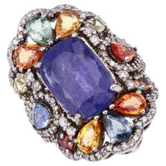13.09cttw Tanzanite, Multi-Sapphires with Diamonds 1.13cttw Sterling Silver Ring