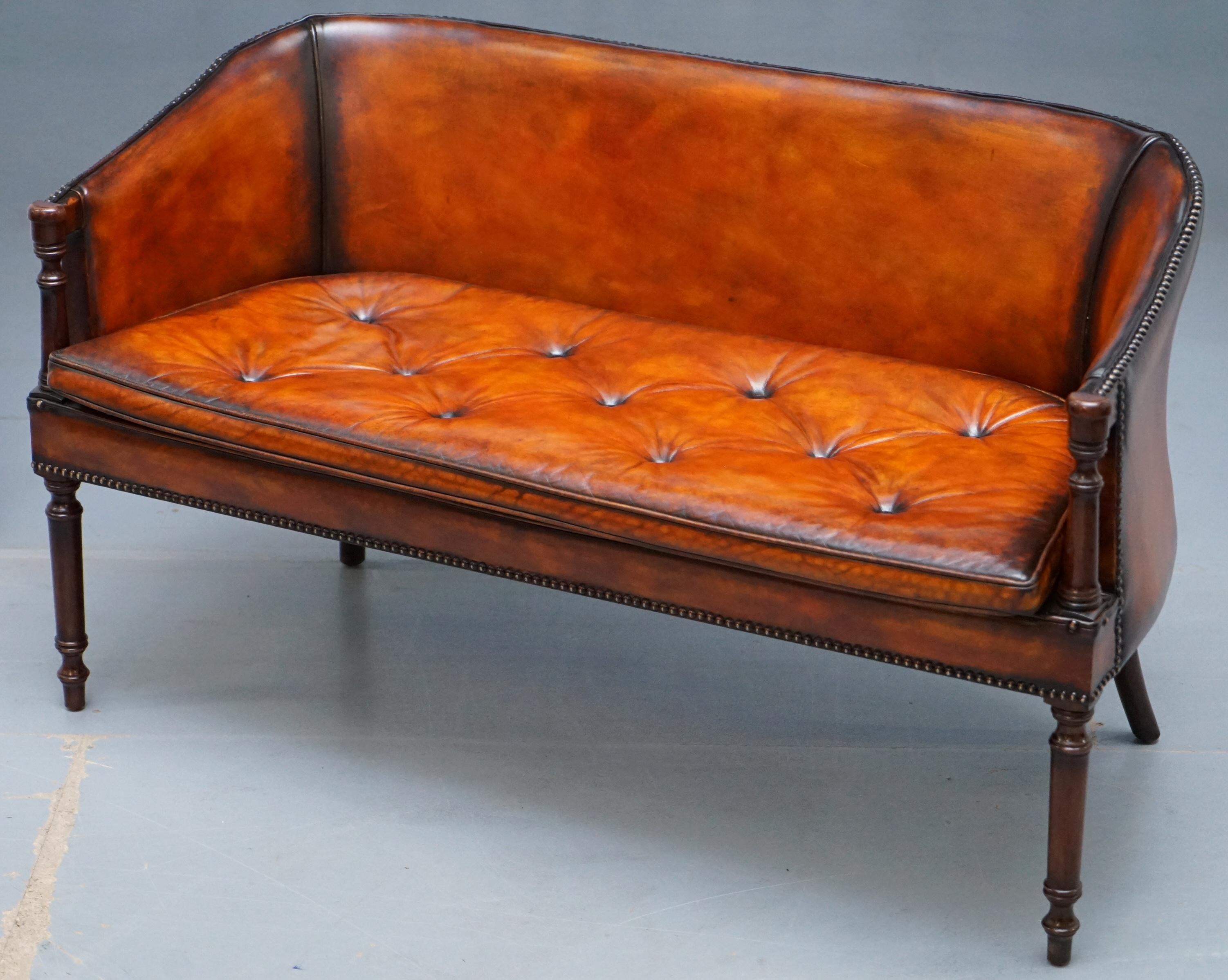 We delighted to offer for sale this stunning Regency style fully restored small settee bench sofa with double sided Chesterfield buttoned cushion

A very good looking and well made antique piece, the sofa has been fully restored, the leather had