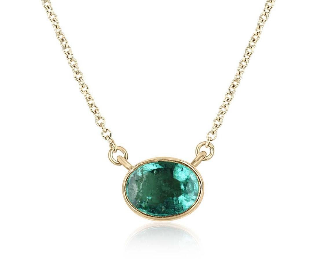 1.30ct 14K Oval Cut Emerald Bezel Set Pendant Necklace East to West May