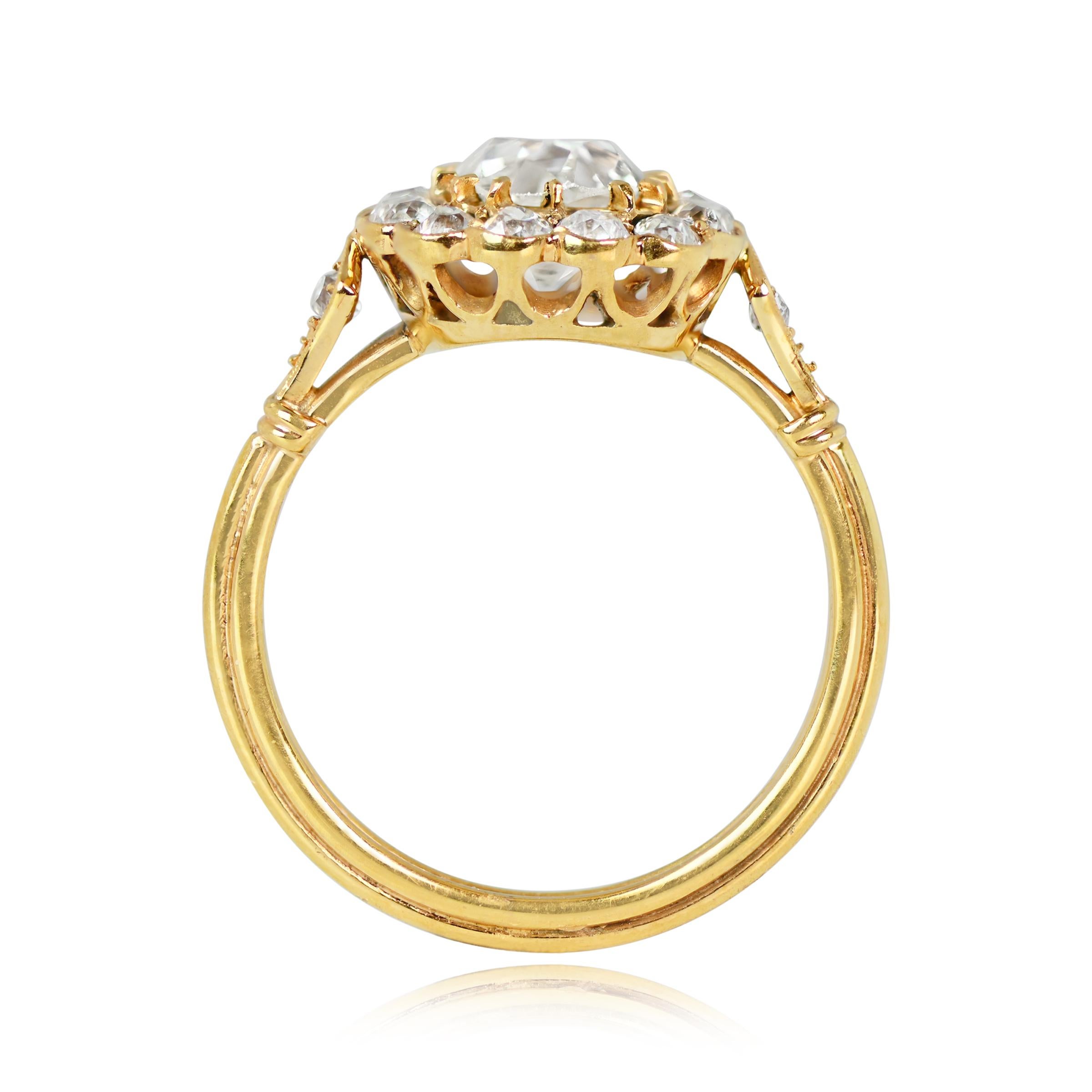 1.30ct Antique Cushion Cut Diamond Cluster Engagement Ring, 18k Yellow Gold In Excellent Condition For Sale In New York, NY