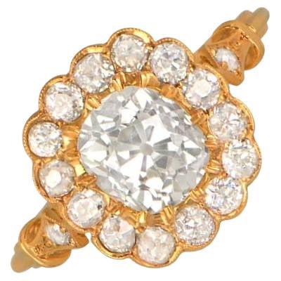 1.30ct Antique Cushion Cut Diamond Cluster Engagement Ring, 18k Yellow Gold For Sale