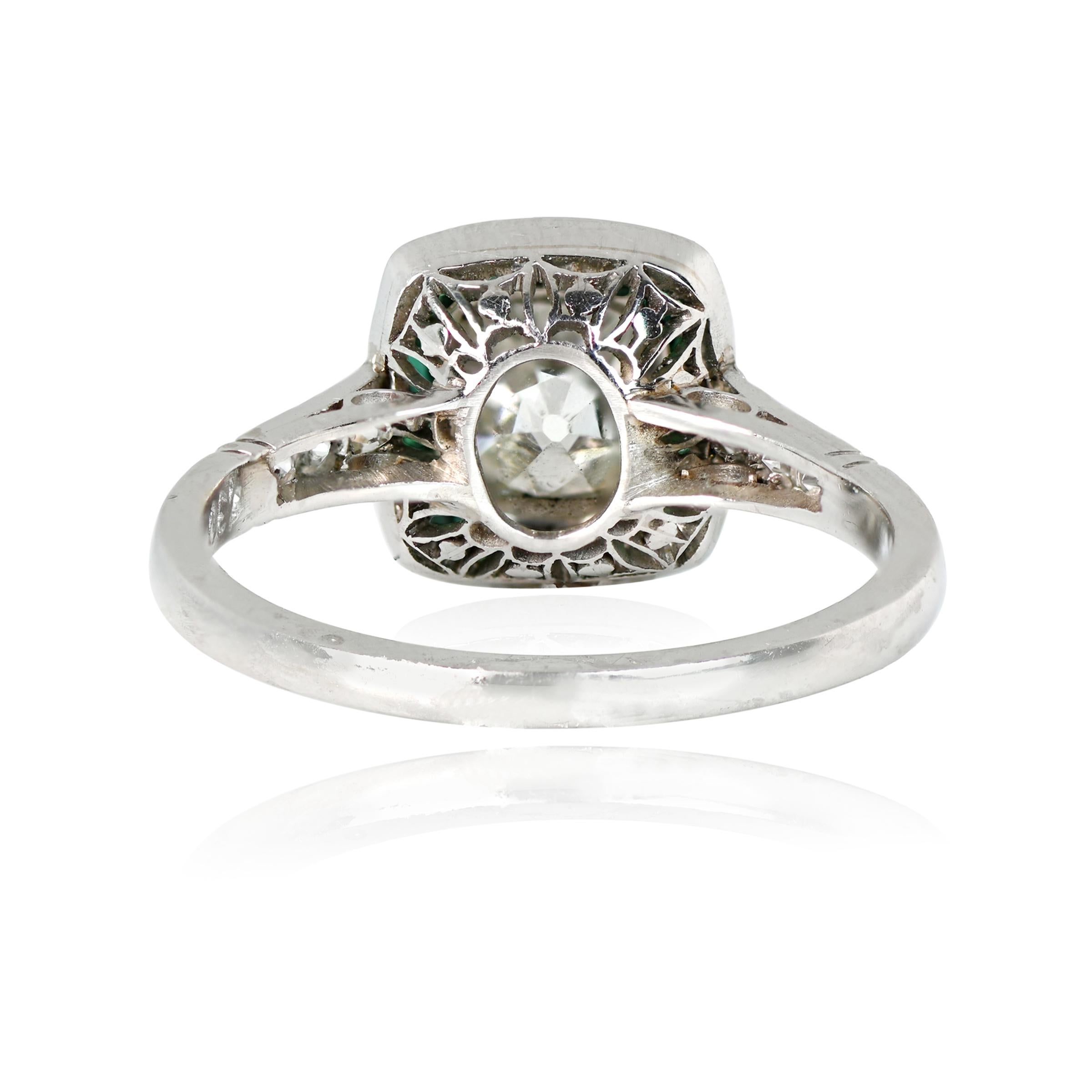 Art Deco 1.30ct Antique Cushion Cut Diamond Engagement Ring, Emerald Halo, Platinum For Sale