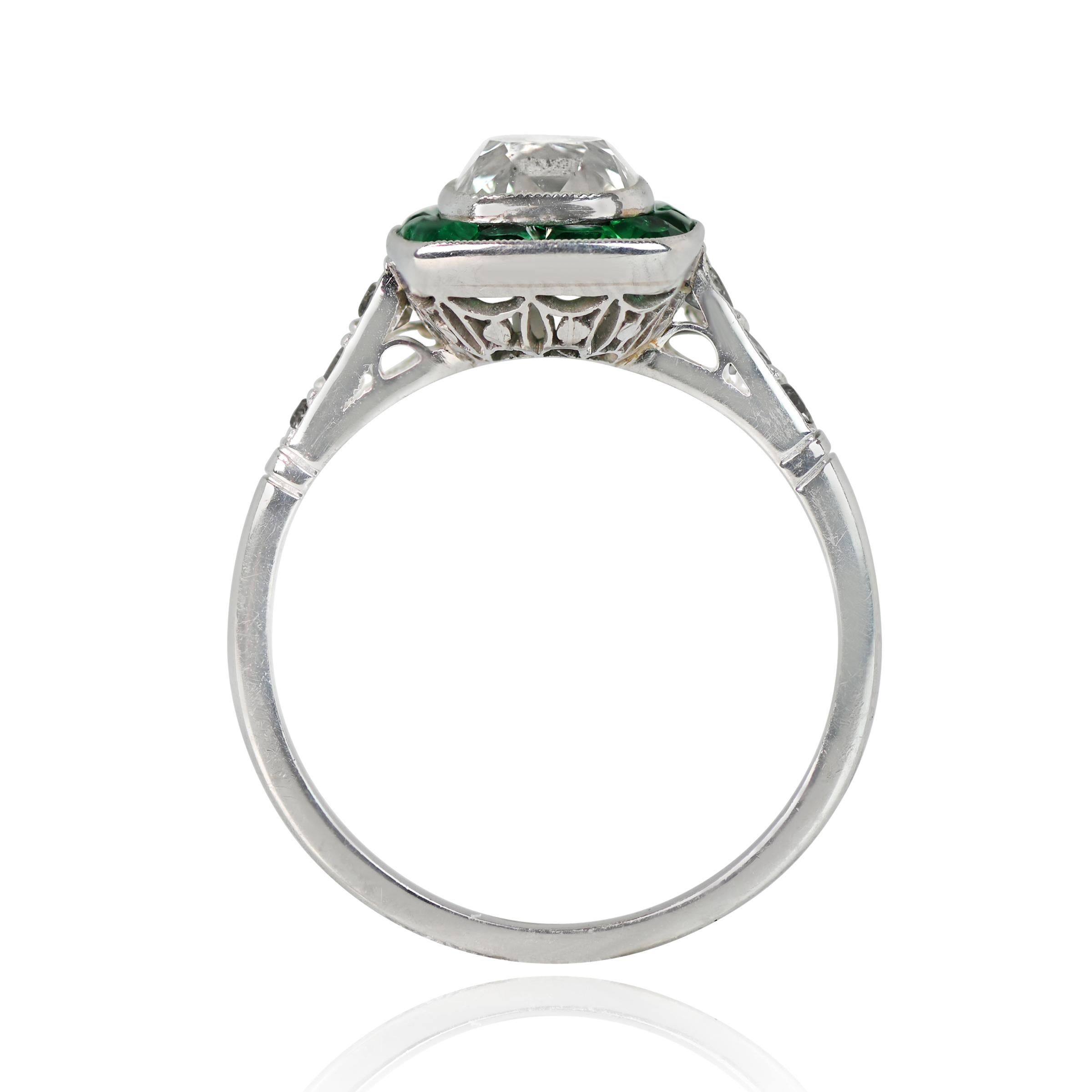 1.30ct Antique Cushion Cut Diamond Engagement Ring, Emerald Halo, Platinum In Excellent Condition For Sale In New York, NY