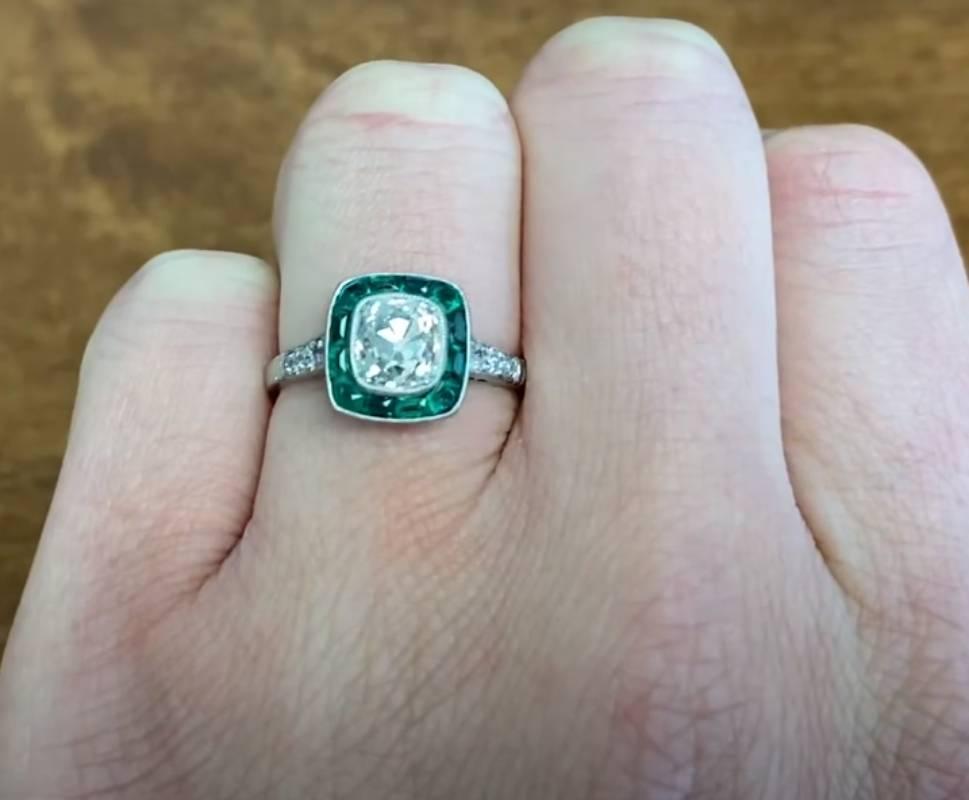 Women's 1.30ct Antique Cushion Cut Diamond Engagement Ring, Emerald Halo, Platinum For Sale