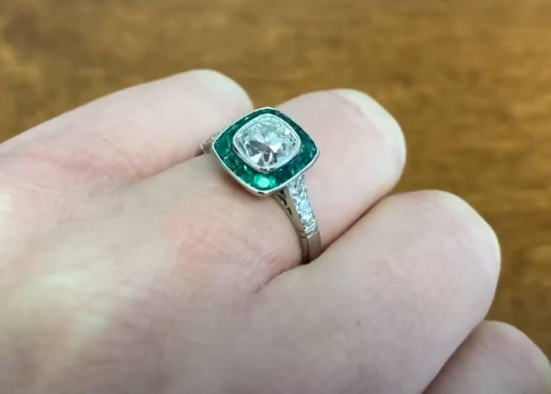 1.30ct Antique Cushion Cut Diamond Engagement Ring, Emerald Halo, Platinum For Sale 1