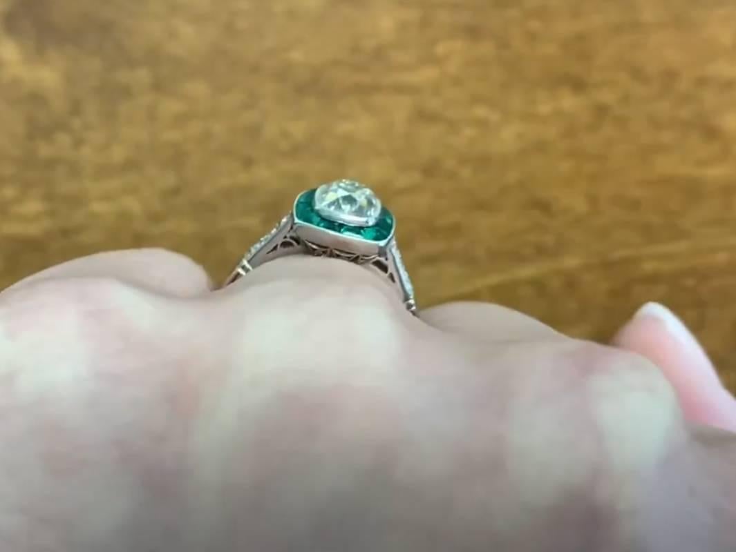 1.30ct Antique Cushion Cut Diamond Engagement Ring, Emerald Halo, Platinum For Sale 2