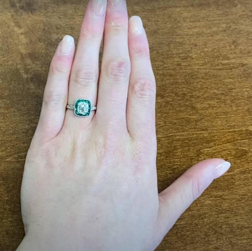1.30ct Antique Cushion Cut Diamond Engagement Ring, Emerald Halo, Platinum For Sale 3