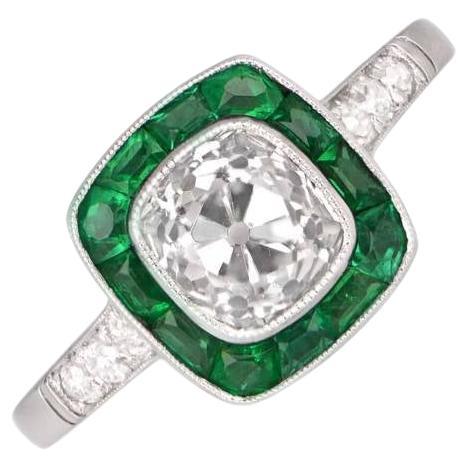 1.30ct Antique Cushion Cut Diamond Engagement Ring, Emerald Halo, Platinum For Sale