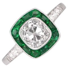 1.30ct Used Cushion Cut Diamond Engagement Ring, Emerald Halo, Platinum
