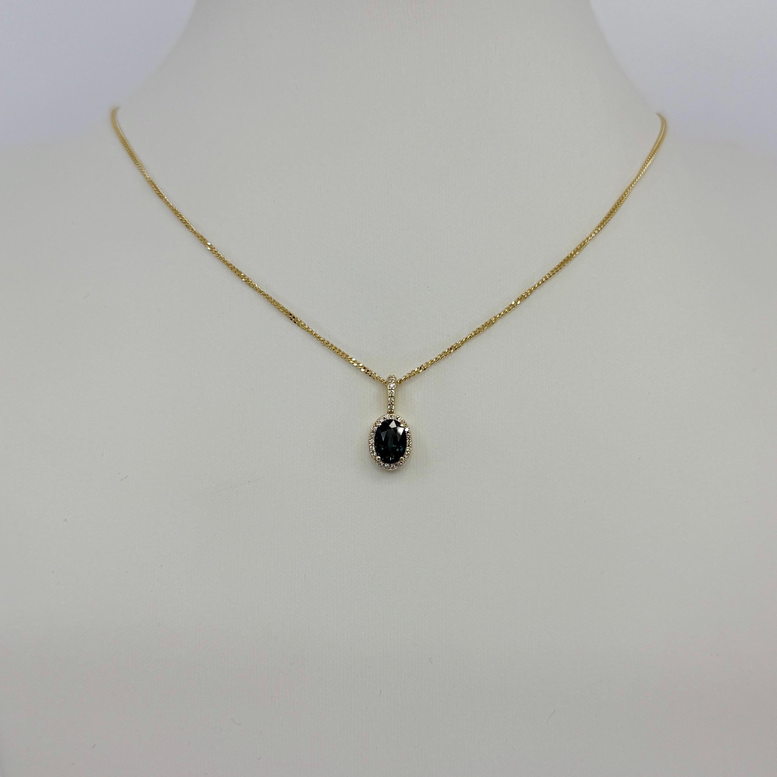 Oval Cut 1.30ct Australian Blue Green Sapphire 14k Yellow Gold Diamond Halo Pendant For Sale
