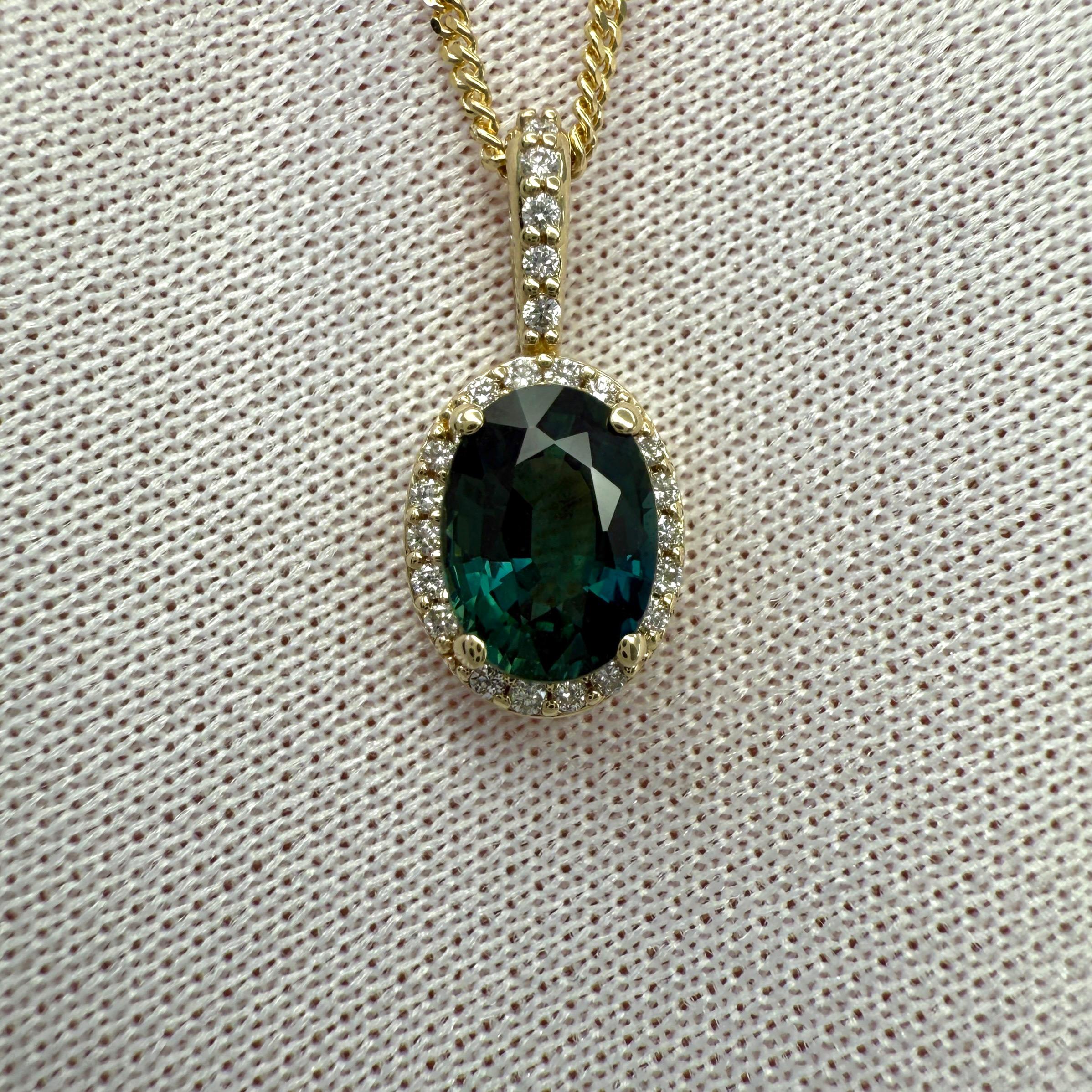 1.30ct Australian Blue Green Sapphire 14k Yellow Gold Diamond Halo Pendant In New Condition For Sale In Birmingham, GB