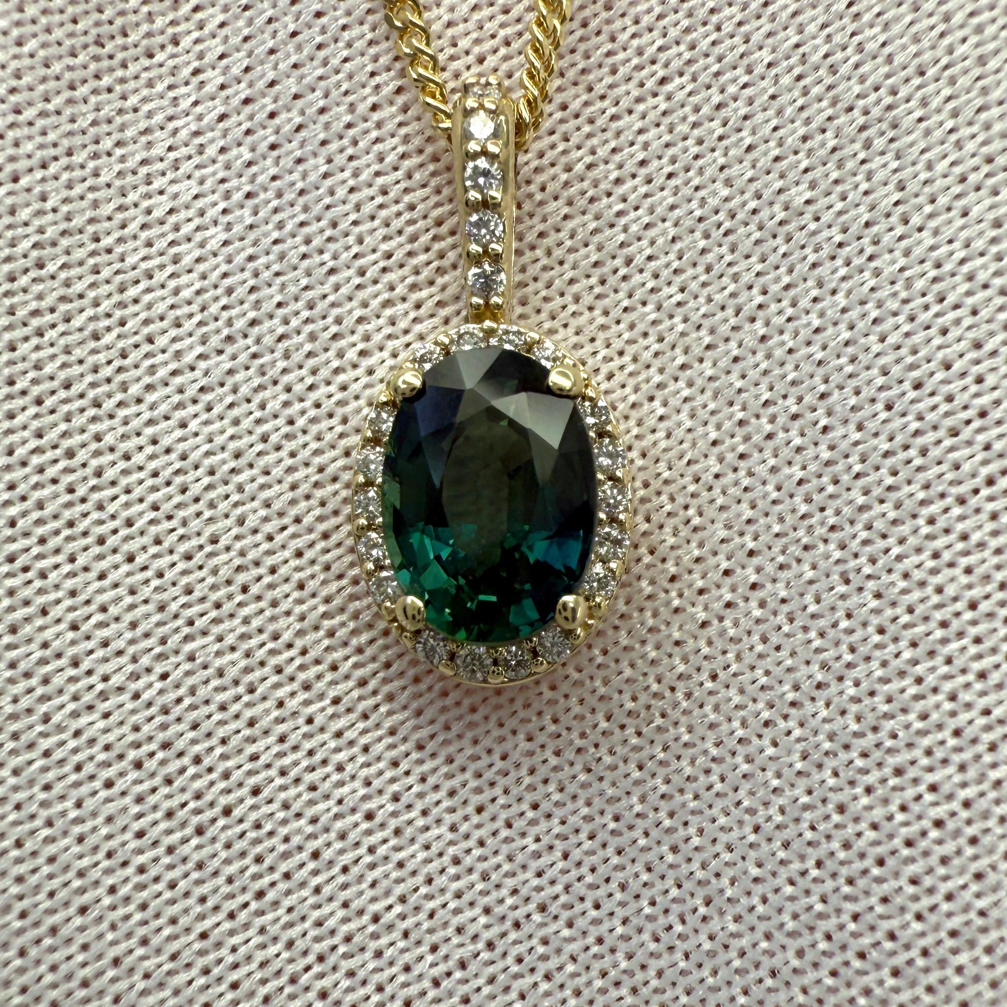 Women's or Men's 1.30ct Australian Blue Green Sapphire 14k Yellow Gold Diamond Halo Pendant For Sale