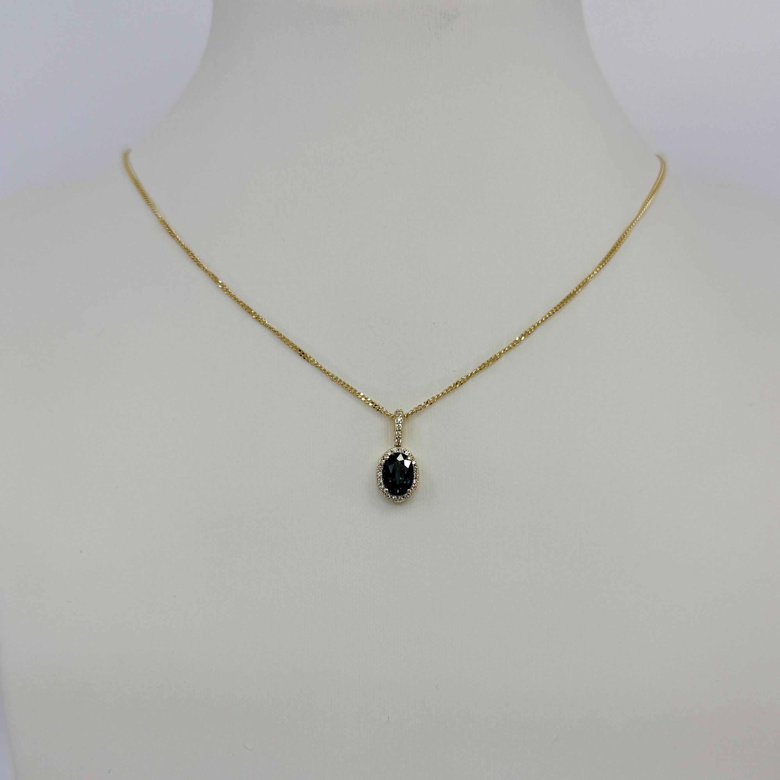 1.30ct Australian Blue Green Sapphire 14k Yellow Gold Diamond Halo Pendant For Sale 1