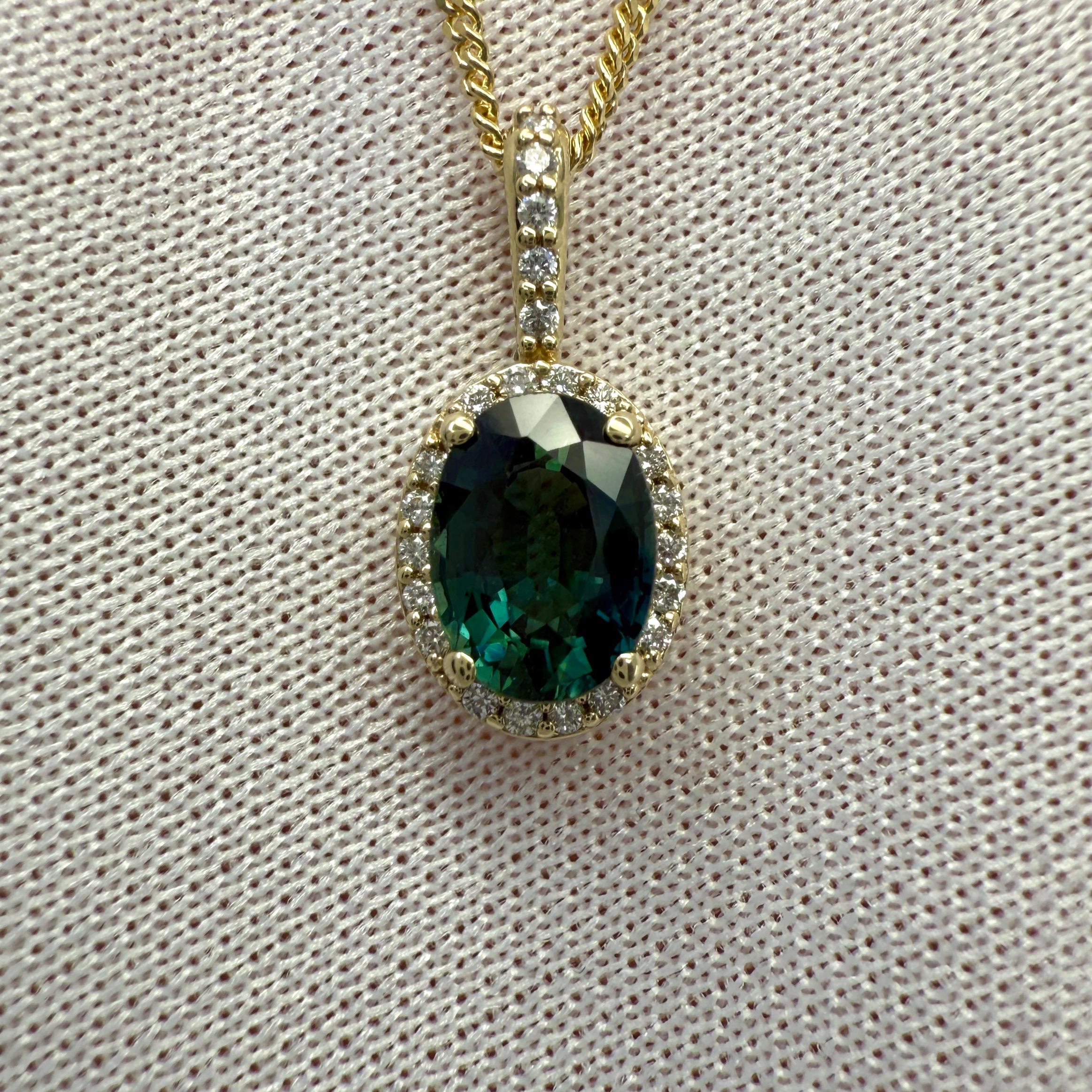 1.30ct Australian Blue Green Sapphire 14k Yellow Gold Diamond Halo Pendant For Sale 2
