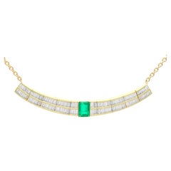 1.30ct Colombian Emerald and 5.50ct Diamond 18k Yellow Gold Necklace Circa 1990