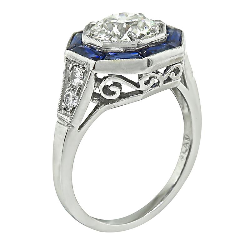 Old Mine Cut 1.30ct Diamond Sapphire Engagement Ring For Sale