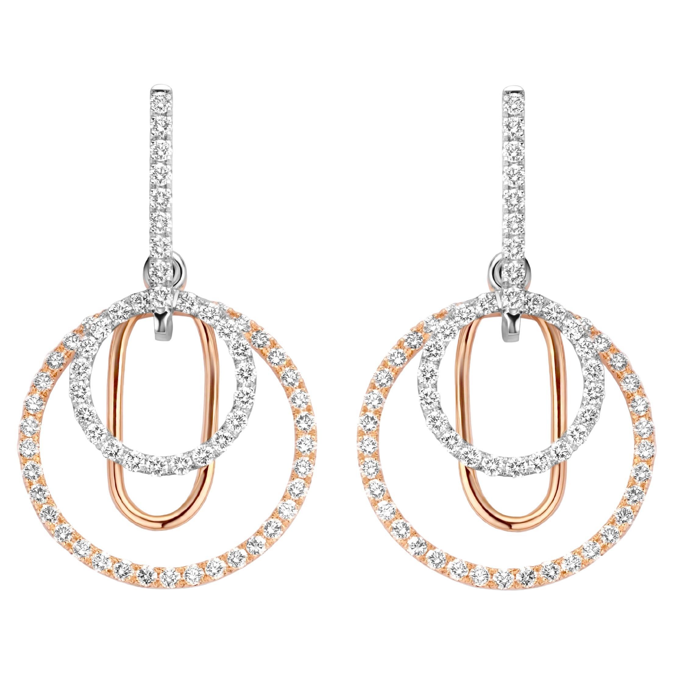 Pendants d'oreilles contemporains en or blanc et rose 18 carats avec diamants de 1,30 carat de qualité VS-F