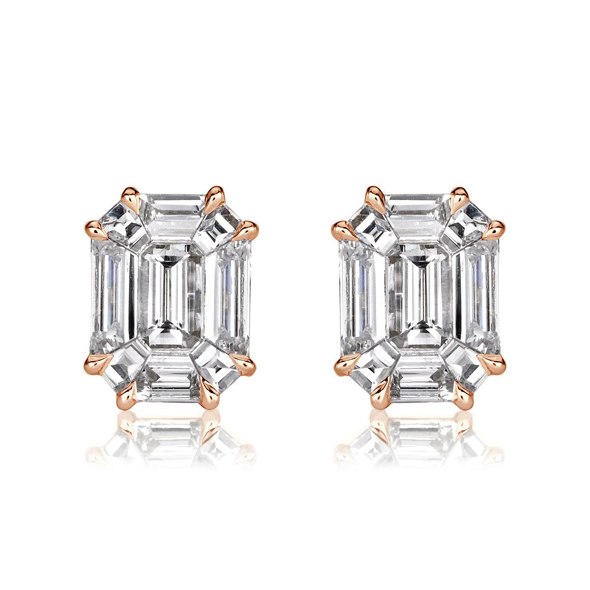 1.30ct Emerald Cut Mosaic Diamond Stud Earrings in 18K Rose Gold For Sale