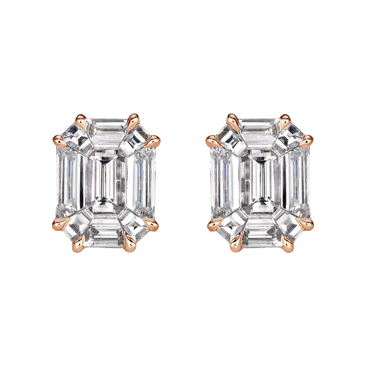 1.30ct Emerald Cut Mosaic Diamond Stud Earrings in 18K Rose Gold