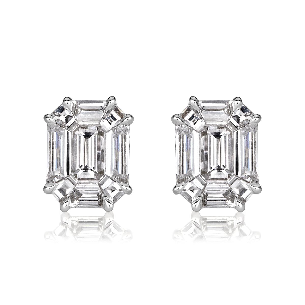 1.30ct Emerald Cut Mosaic Diamond Stud Earrings in 18K White Gold For Sale